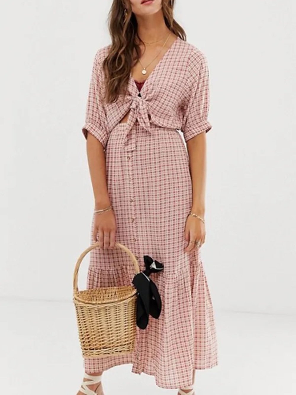 Faithfull the Brand Pink Plaid Tie-Front Midi Dress